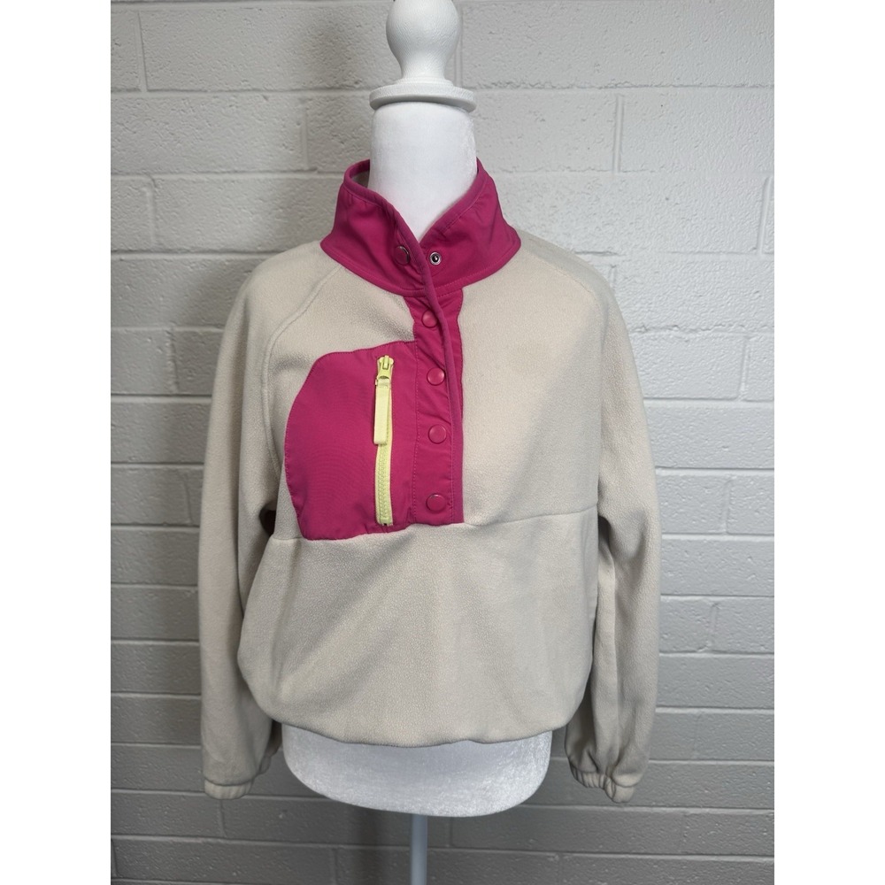 Hippie Rose Women's Medium Cropped Fleece Pullover Beige Magneta Snap Neck - Picture 3 of 9